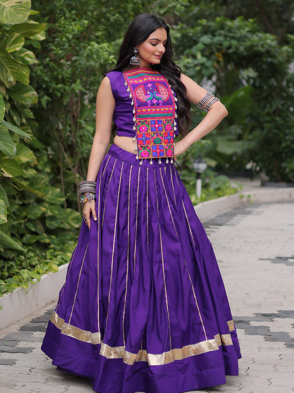 Alluring Purple Silk Gota Patti Work Navratri Special Crop Top Lehenga