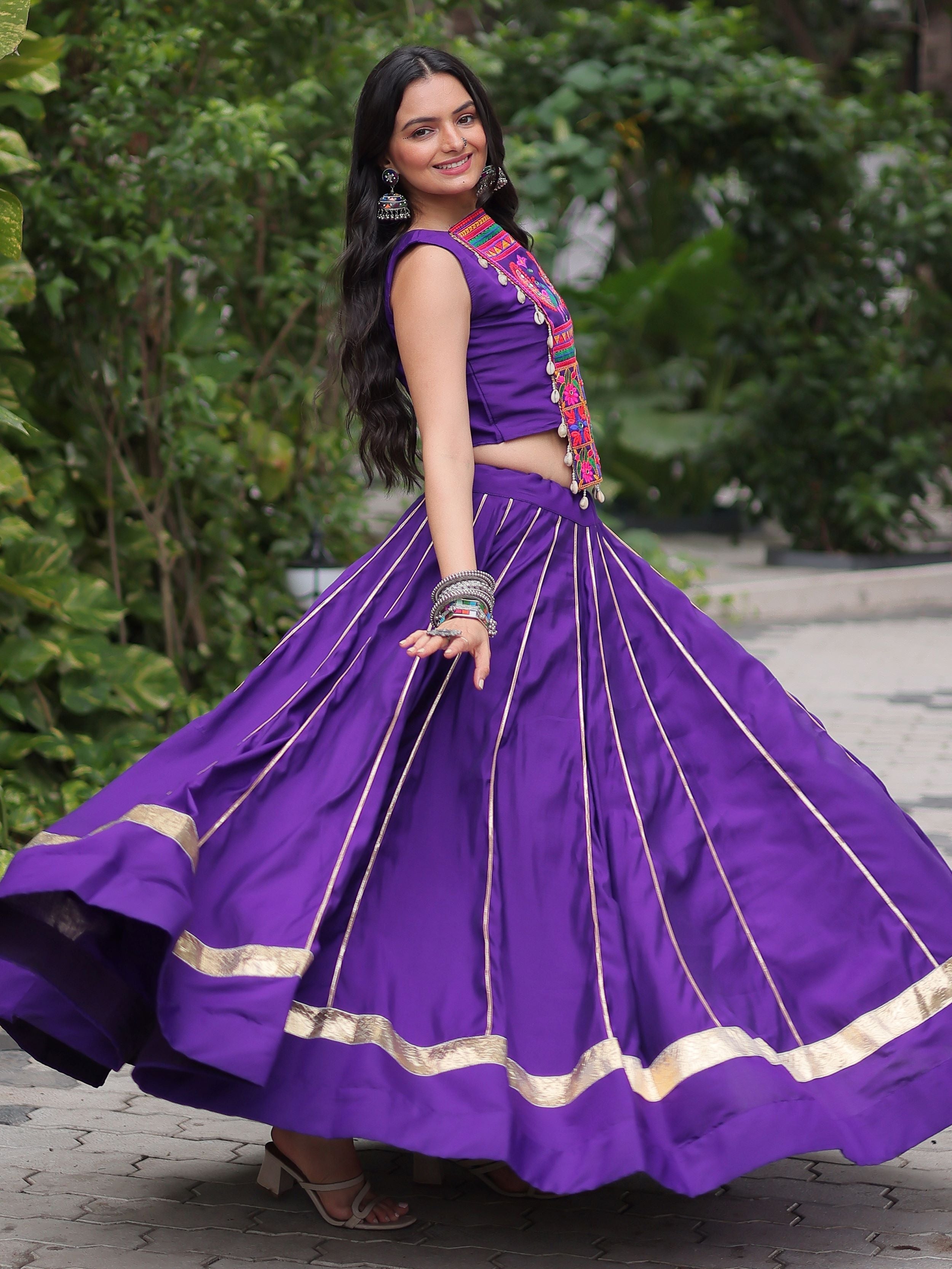 Alluring Purple Silk Gota Patti Work Navratri Special Crop Top Lehenga