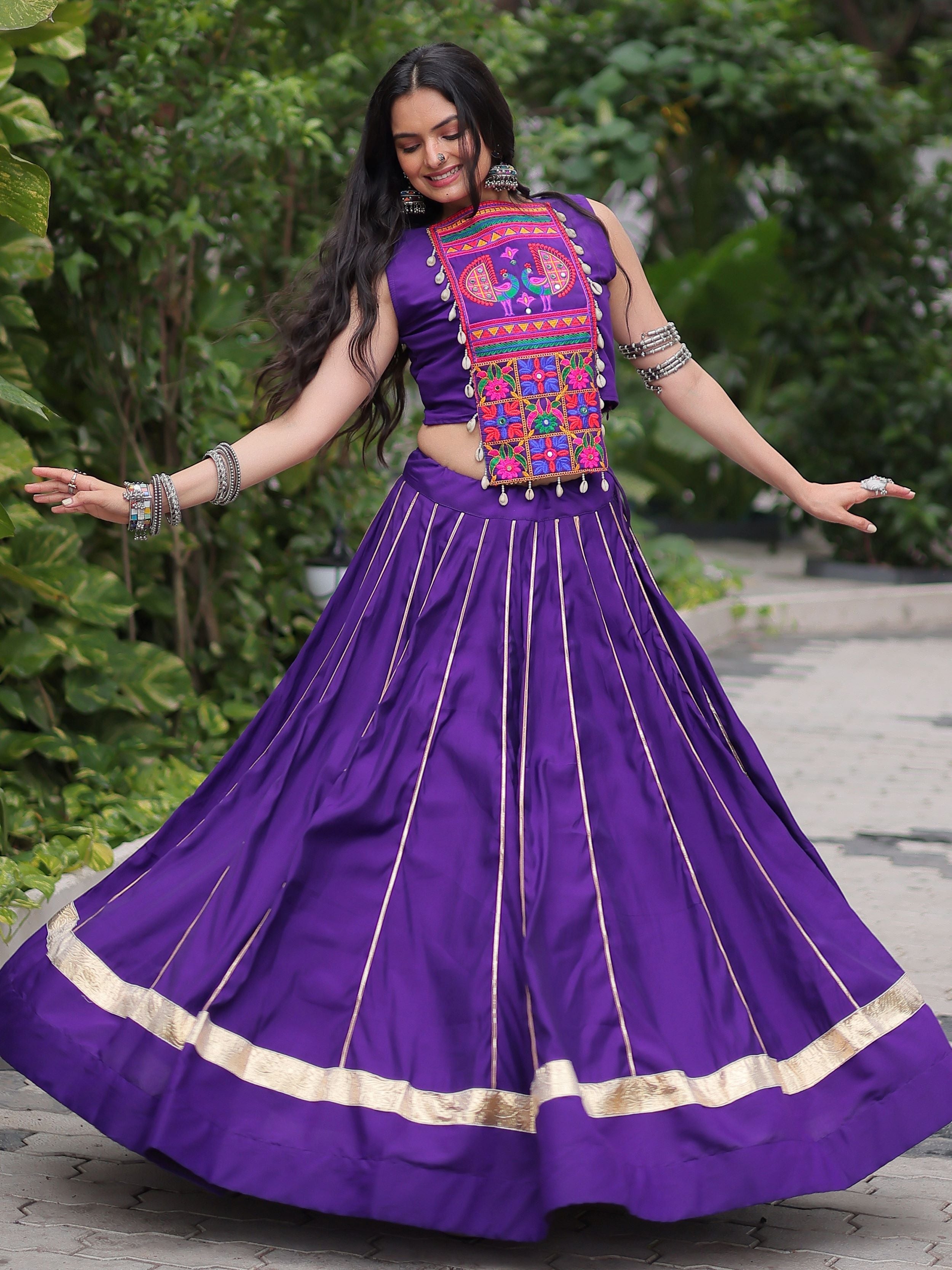 Alluring Purple Silk Gota Patti Work Navratri Special Crop Top Lehenga
