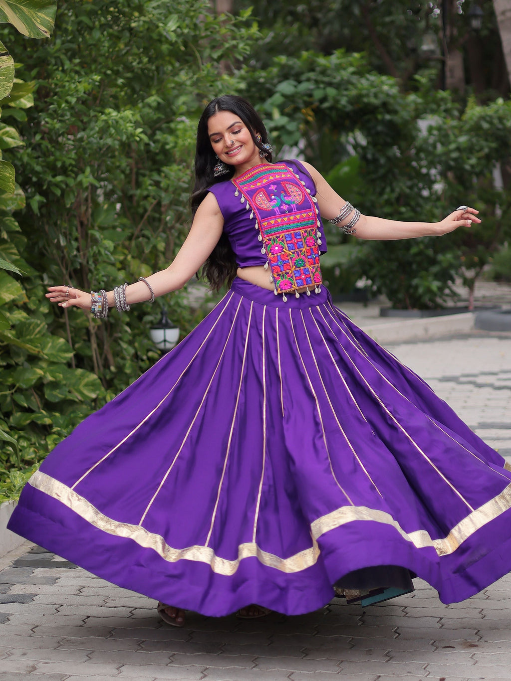 Alluring Purple Silk Gota Patti Work Navratri Special Crop Top Lehenga