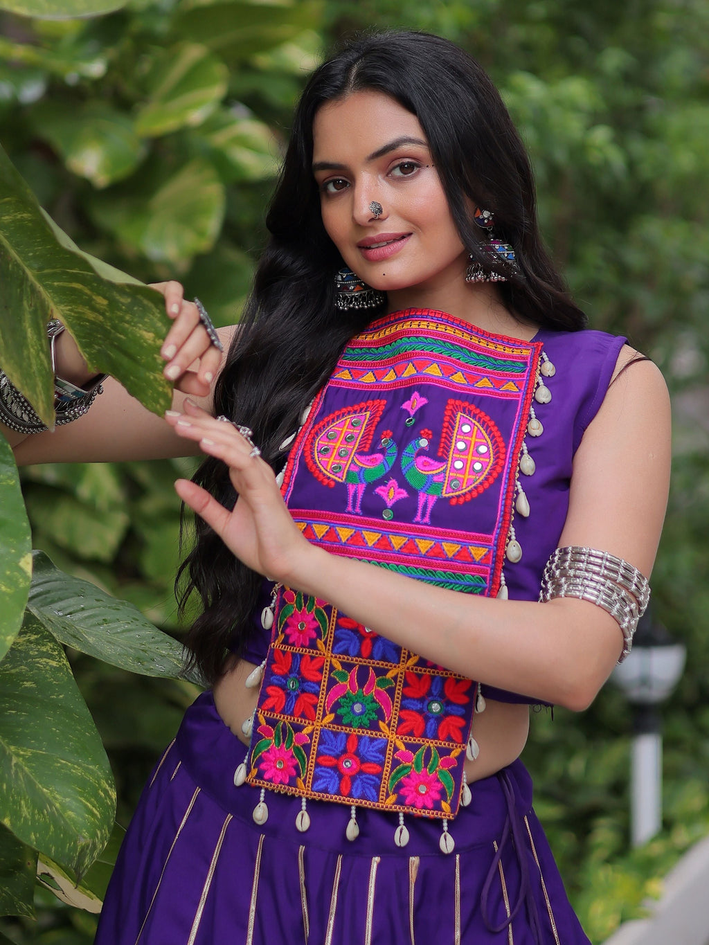 Alluring Purple Silk Gota Patti Work Navratri Special Crop Top Lehenga