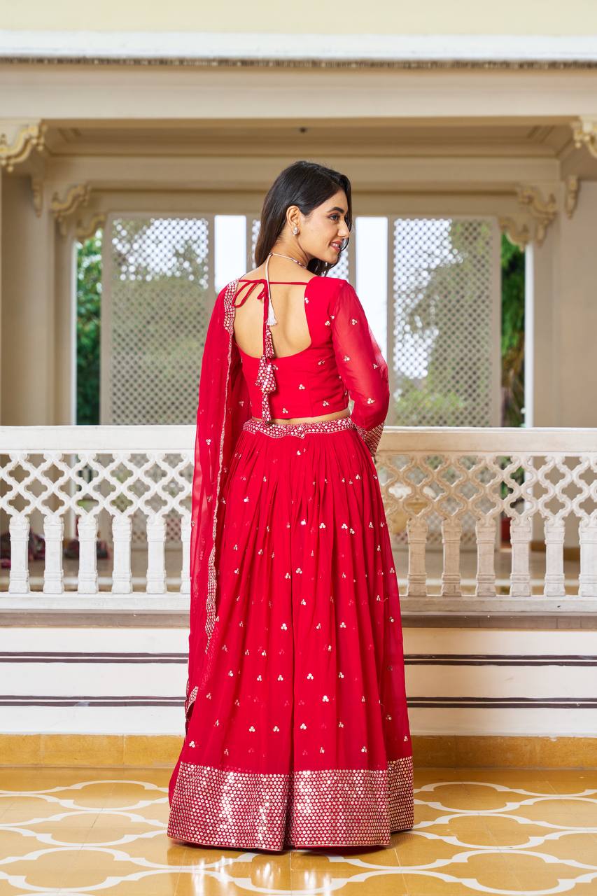 Exquisite Faux Georgette Lehenga Choli Heavy Sequin Embroidery With Dupatta - ETHNICDEAL