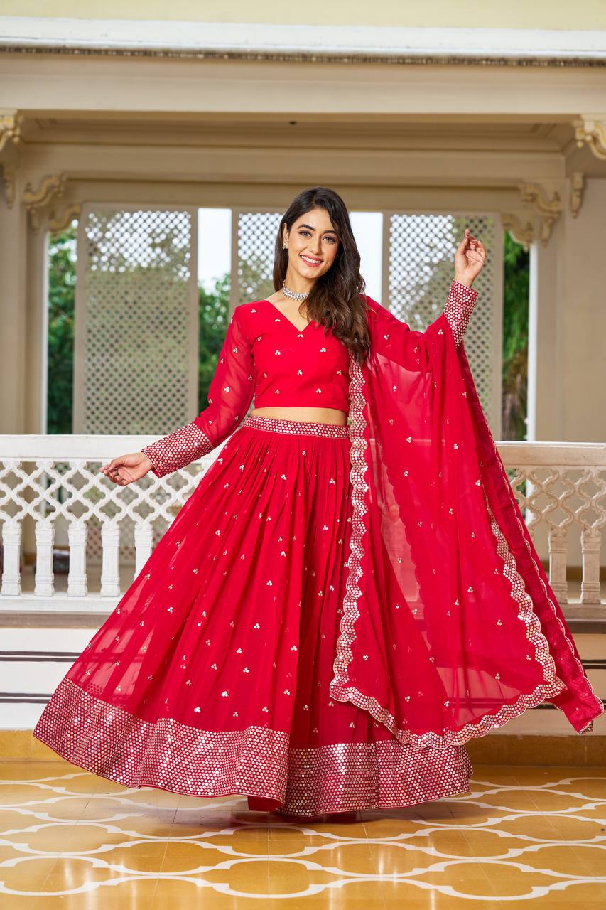 Exquisite Faux Georgette Lehenga Choli Heavy Sequin Embroidery With Dupatta - ETHNICDEAL