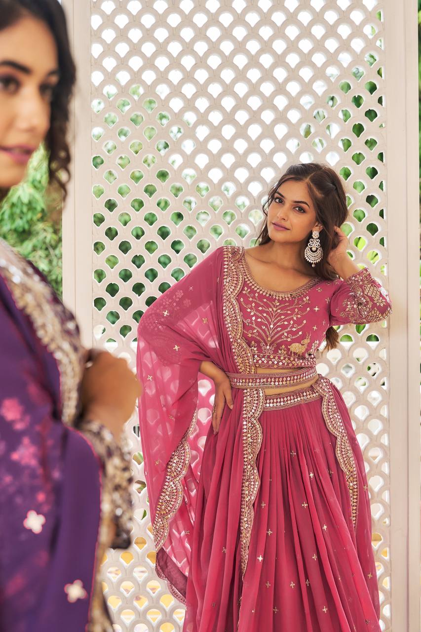 Designer Faux Georgette Lehenga Choli With Sequins Embroidery & Belt - ETHNICDEAL