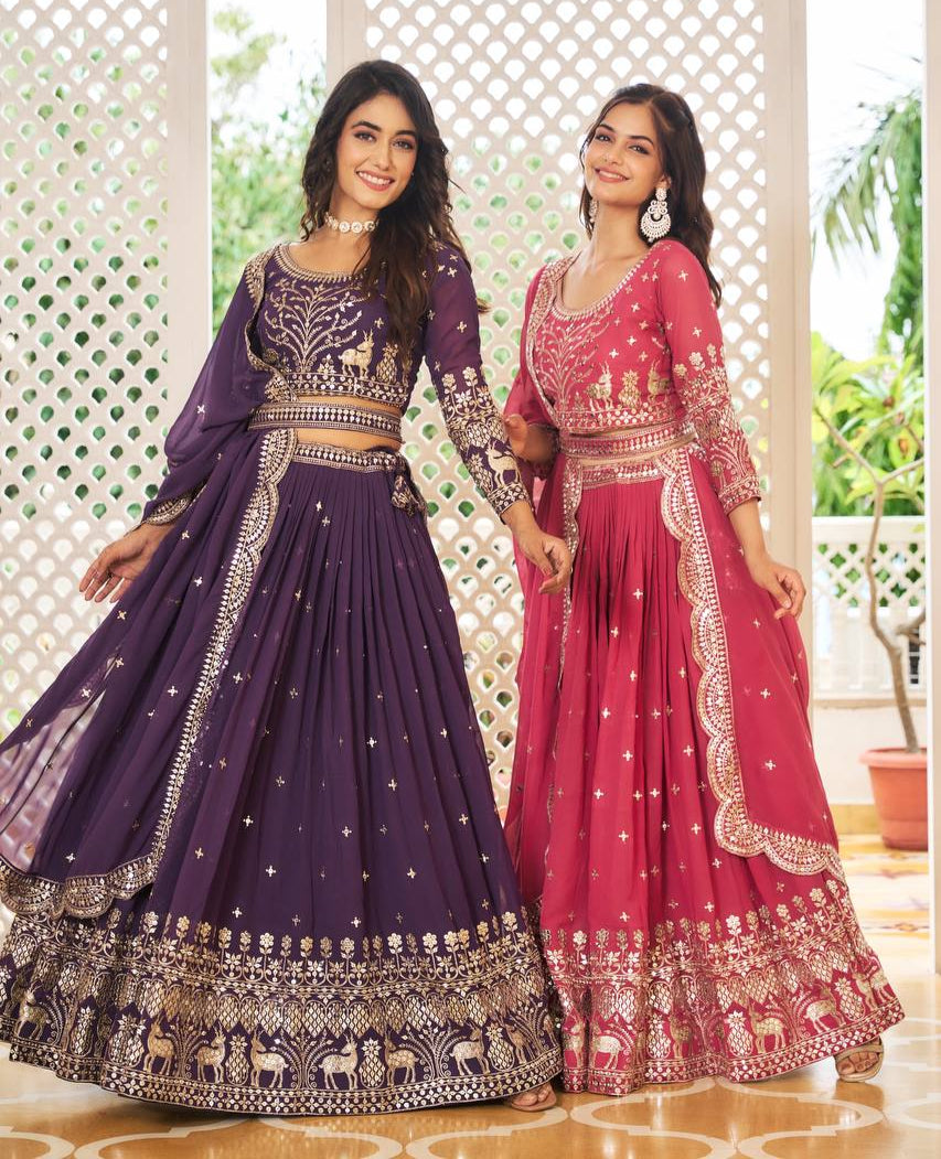 Designer Faux Georgette Lehenga Choli With Sequins Embroidery & Belt - ETHNICDEAL