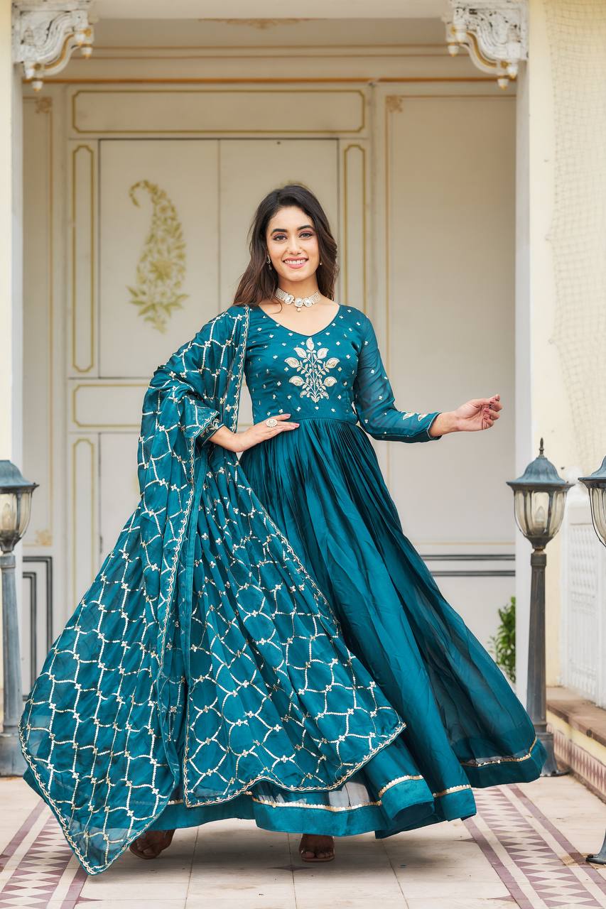 Elegant Pure Rangoli Gown Heavy Sequin Embroidery With Matching Dupatta - ETHNICDEAL