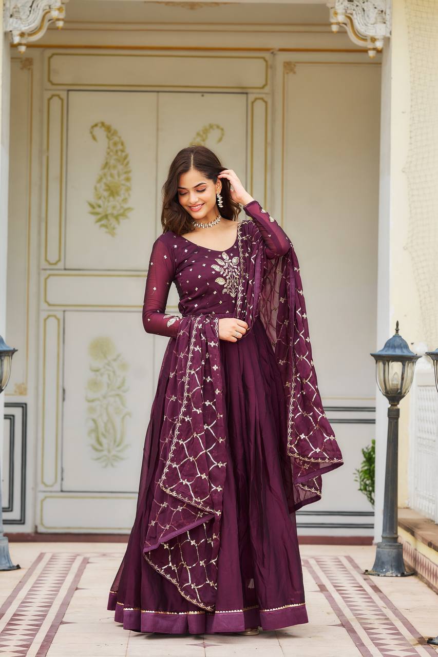 Elegant Pure Rangoli Gown Heavy Sequin Embroidery With Matching Dupatta - ETHNICDEAL
