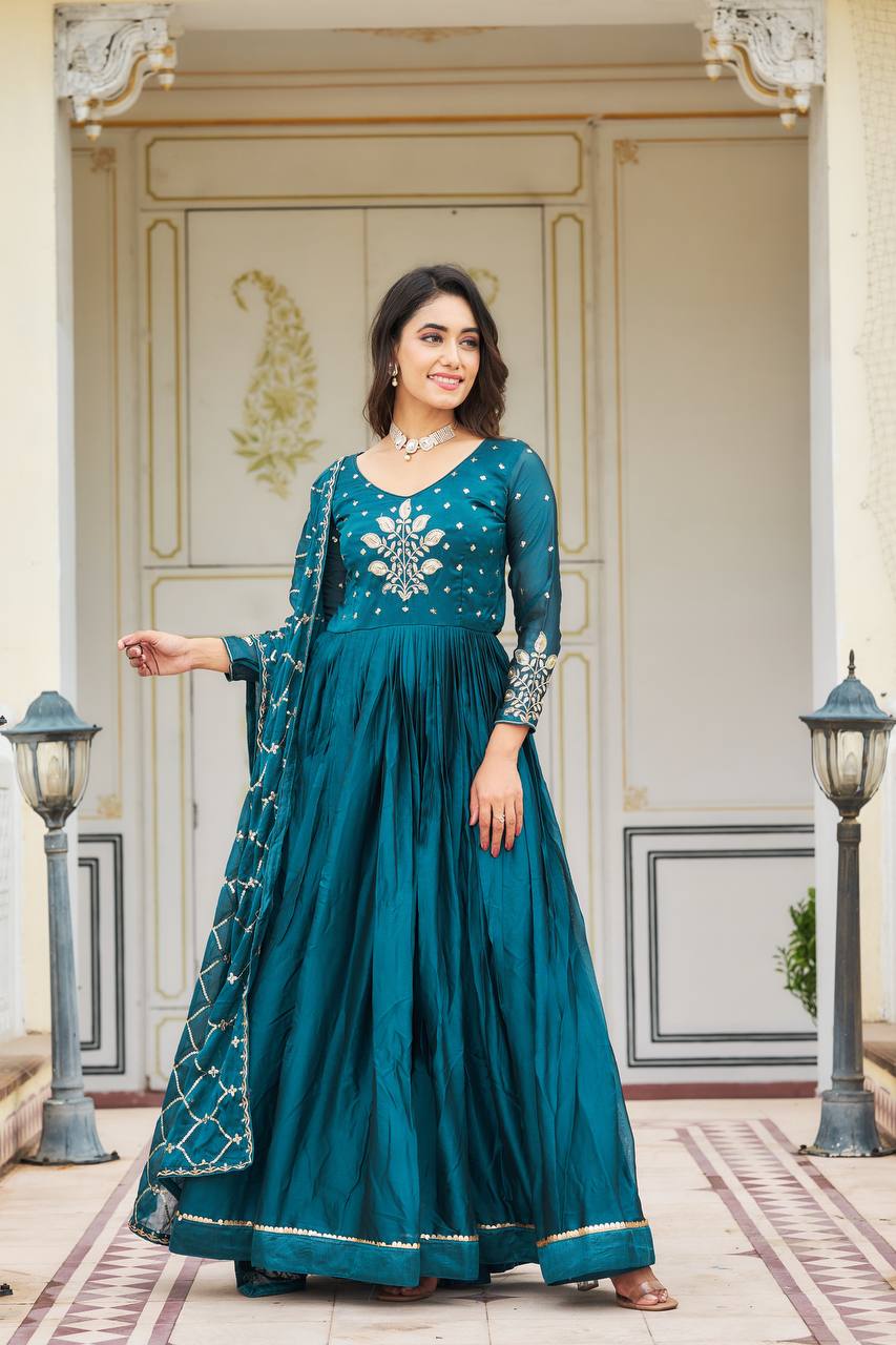 Elegant Pure Rangoli Gown Heavy Sequin Embroidery With Matching Dupatta - ETHNICDEAL