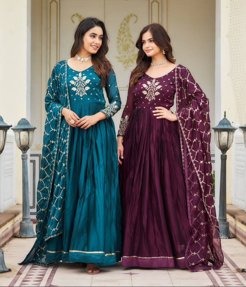 Elegant Pure Rangoli Gown Heavy Sequin Embroidery With Matching Dupatta - ETHNICDEAL