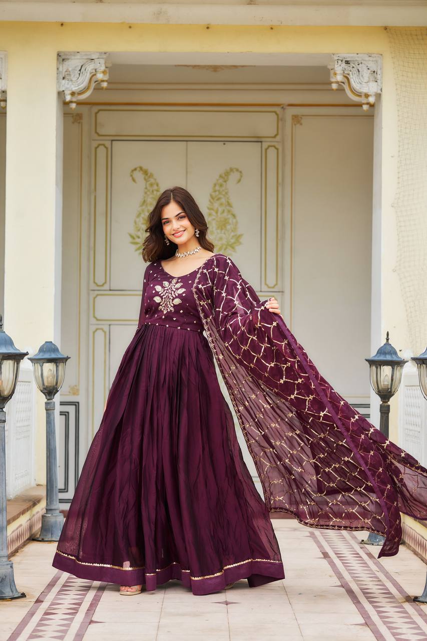 Elegant Pure Rangoli Gown Heavy Sequin Embroidery With Matching Dupatta - ETHNICDEAL