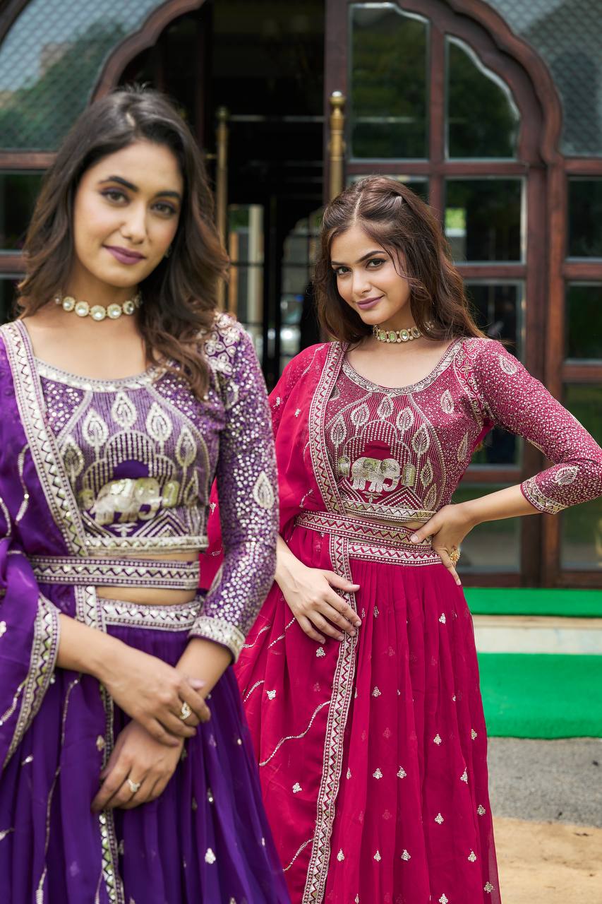 Designer Heavy Faux Georgette Lehenga Choli With Embroidery Sequin Work & Belt - ETHNICDEAL