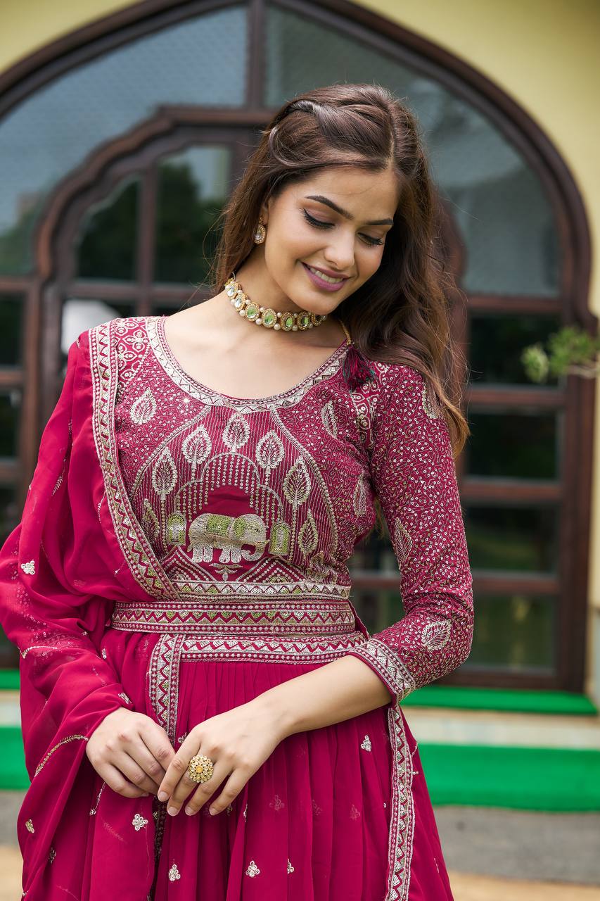 Designer Heavy Faux Georgette Lehenga Choli With Embroidery Sequin Work & Belt - ETHNICDEAL