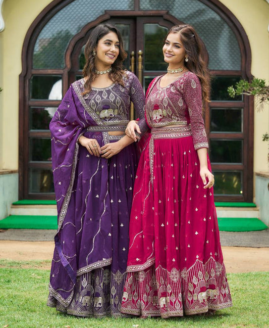 Designer Heavy Faux Georgette Lehenga Choli With Embroidery Sequin Work & Belt - ETHNICDEAL