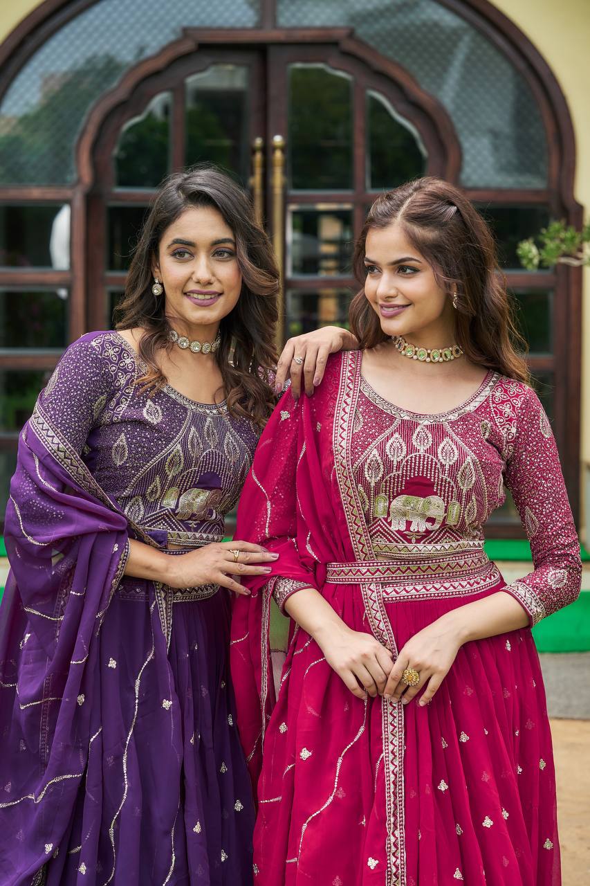 Designer Heavy Faux Georgette Lehenga Choli With Embroidery Sequin Work & Belt - ETHNICDEAL