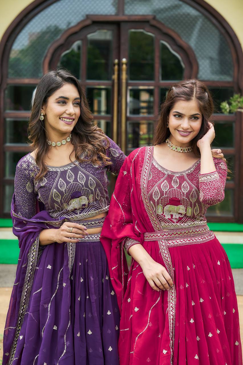 Designer Heavy Faux Georgette Lehenga Choli With Embroidery Sequin Work & Belt - ETHNICDEAL