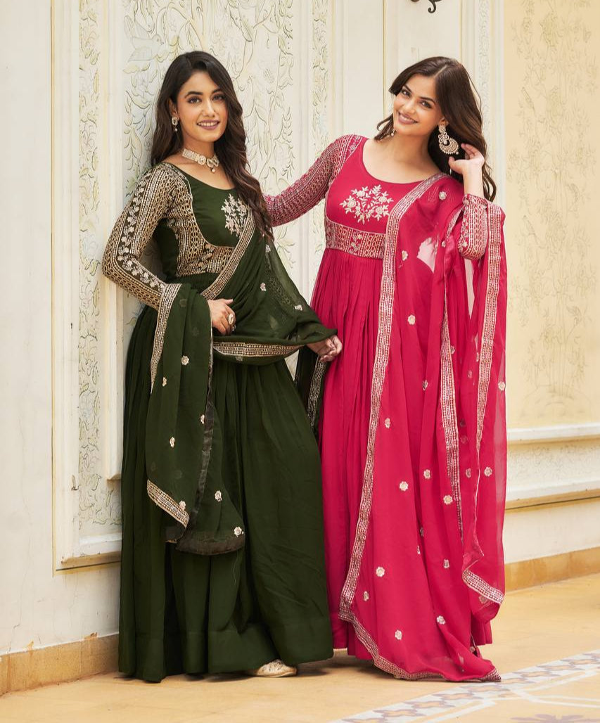 Magnificent Faux Georgette Sequins Worked Festival Long Gown & Duptta - ETHNICDEAL