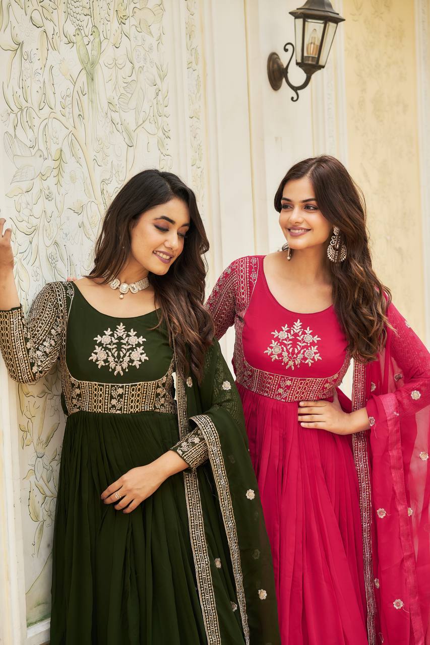 Magnificent Faux Georgette Sequins Worked Festival Long Gown & Duptta - ETHNICDEAL