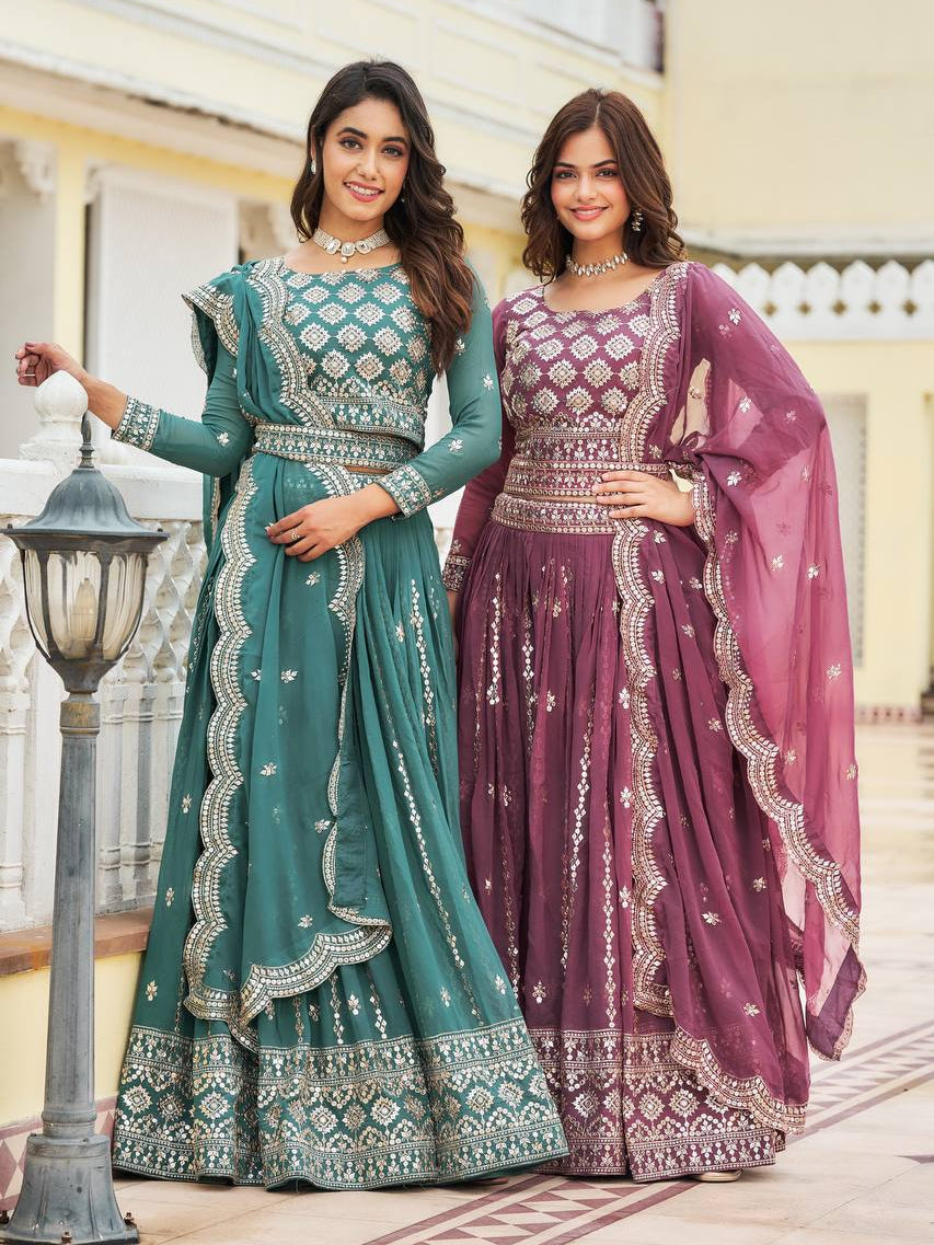 Designer Faux Georgette Lehenga Choli With 7mm Sequin Embroidery and Belt - ETHNICDEAL