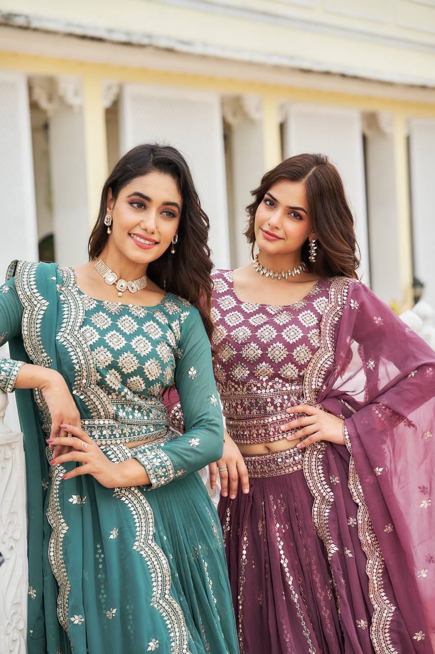 Designer Faux Georgette Lehenga Choli With 7mm Sequin Embroidery and Belt - ETHNICDEAL