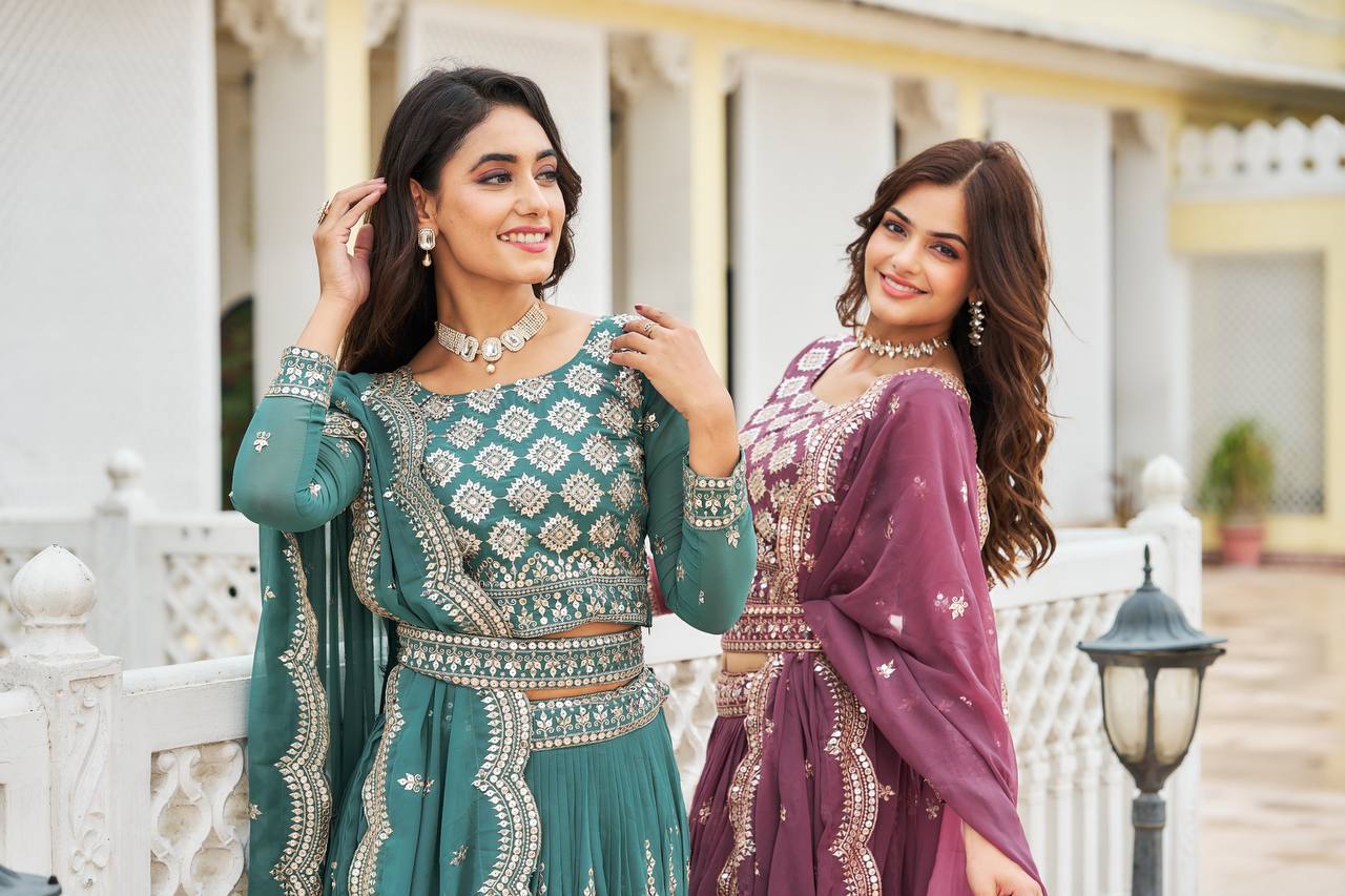 Designer Faux Georgette Lehenga Choli With 7mm Sequin Embroidery and Belt - ETHNICDEAL