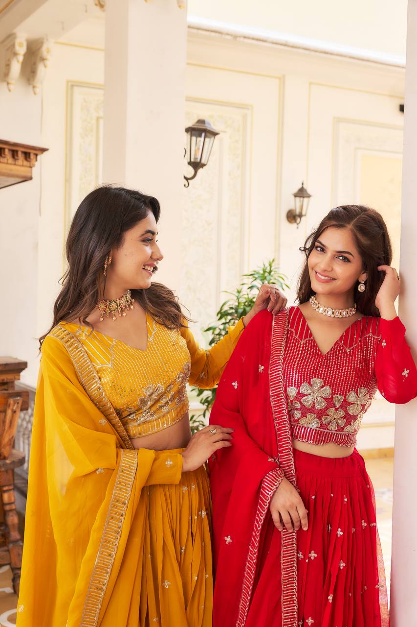 Elegant Faux Georgette Embroidered Lehenga Choli With Matching Dupatta - ETHNICDEAL