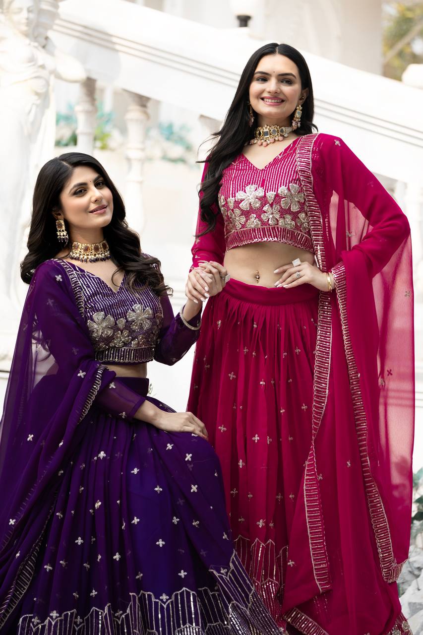 Elegant Faux Georgette Embroidered Lehenga Choli With Matching Dupatta - ETHNICDEAL