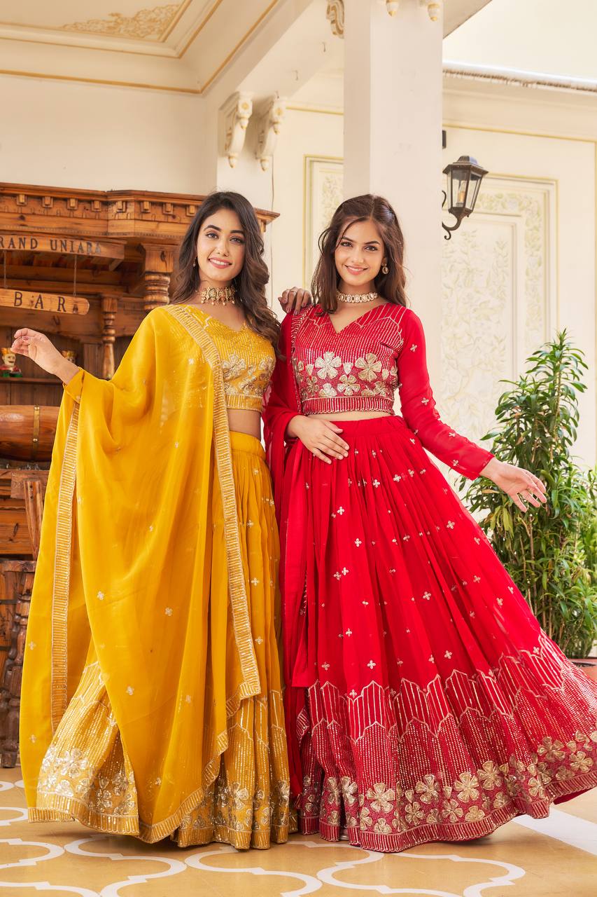 Elegant Faux Georgette Embroidered Lehenga Choli With Matching Dupatta - ETHNICDEAL