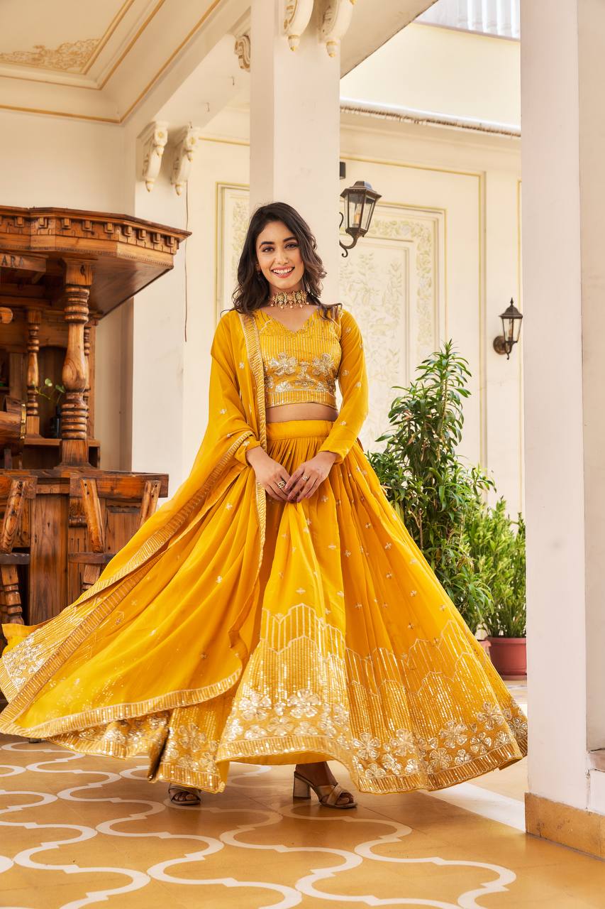 Elegant Faux Georgette Embroidered Lehenga Choli With Matching Dupatta - ETHNICDEAL