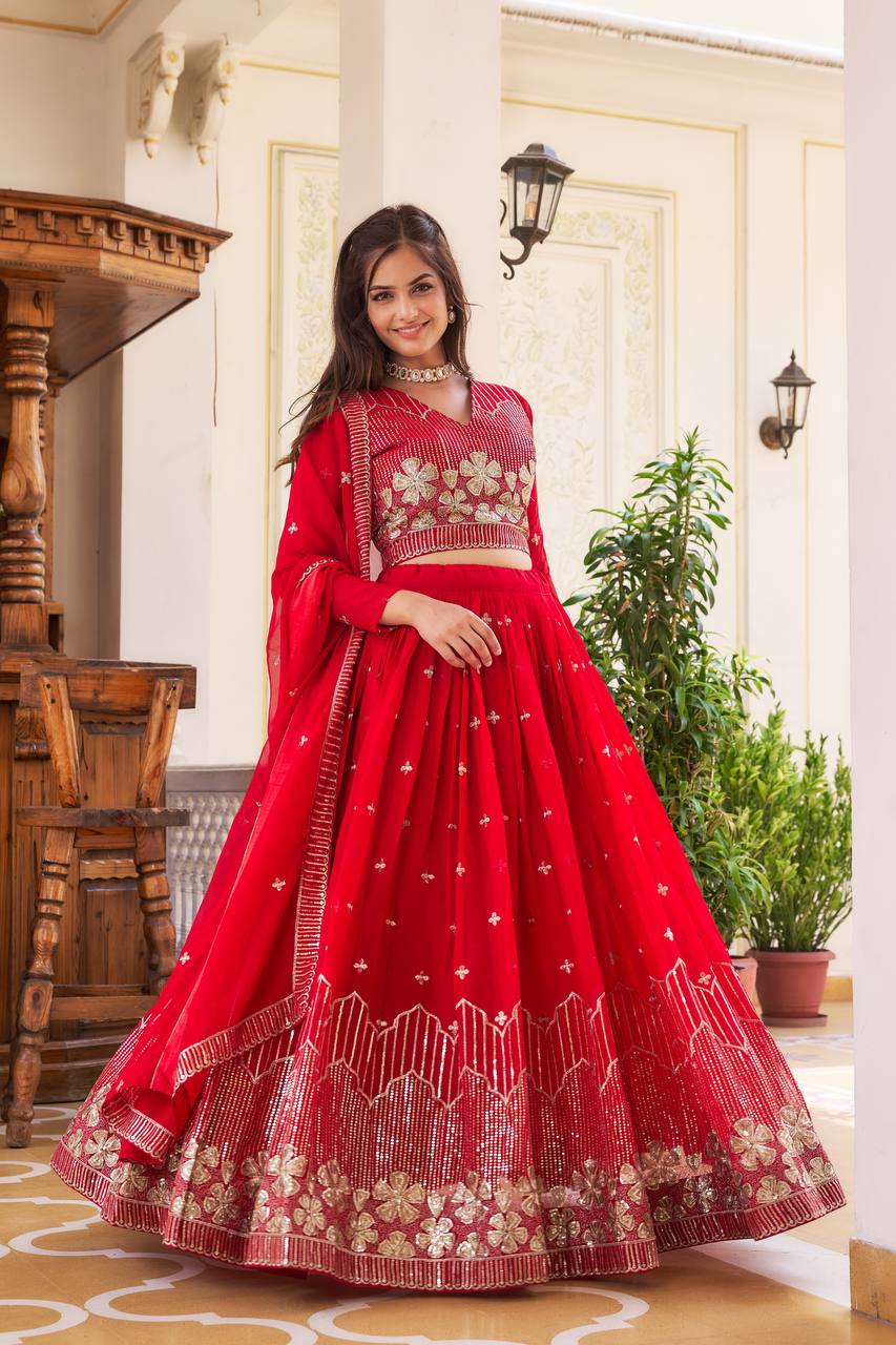 Elegant Faux Georgette Embroidered Lehenga Choli With Matching Dupatta - ETHNICDEAL