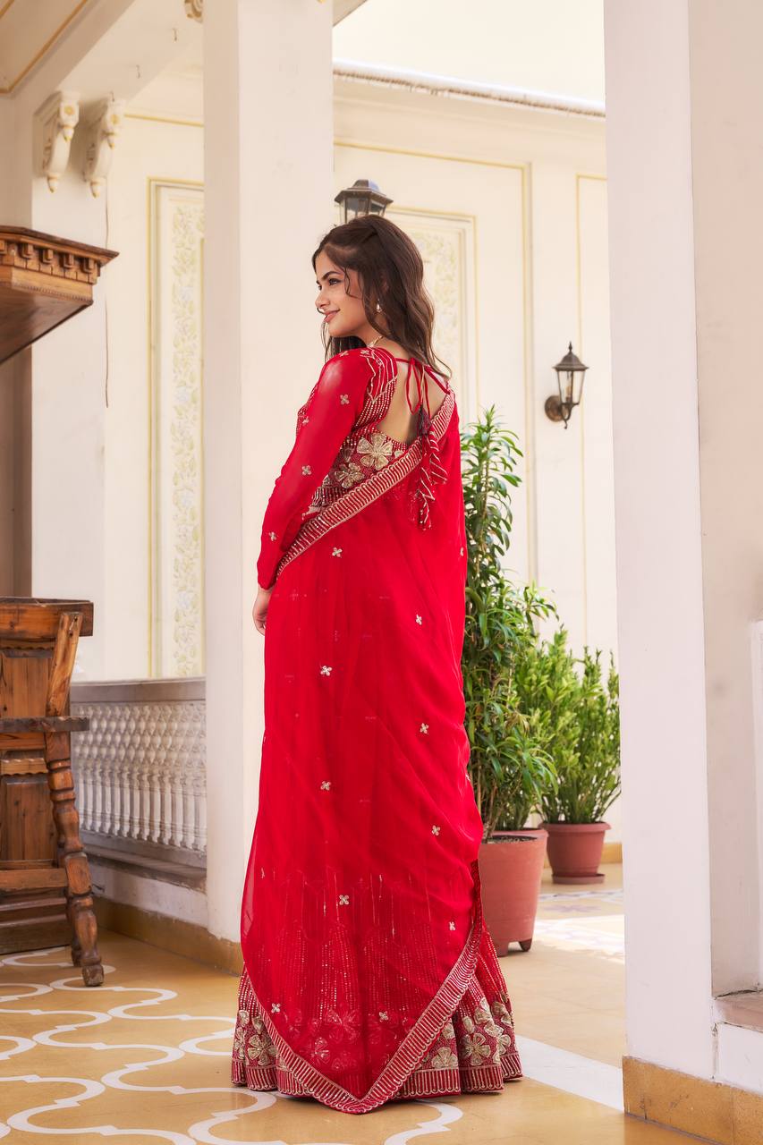 Elegant Faux Georgette Embroidered Lehenga Choli With Matching Dupatta - ETHNICDEAL