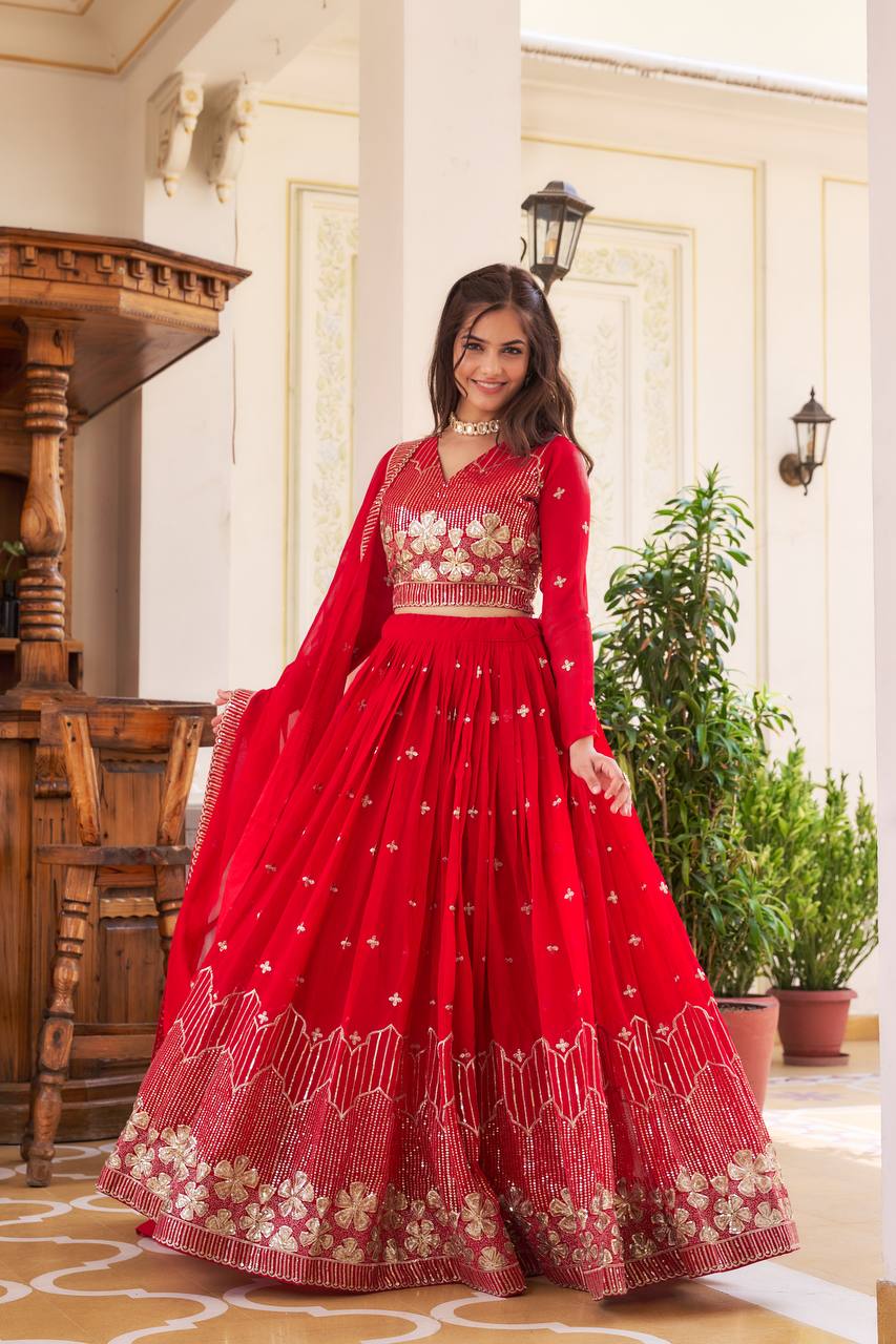 Elegant Faux Georgette Embroidered Lehenga Choli With Matching Dupatta - ETHNICDEAL