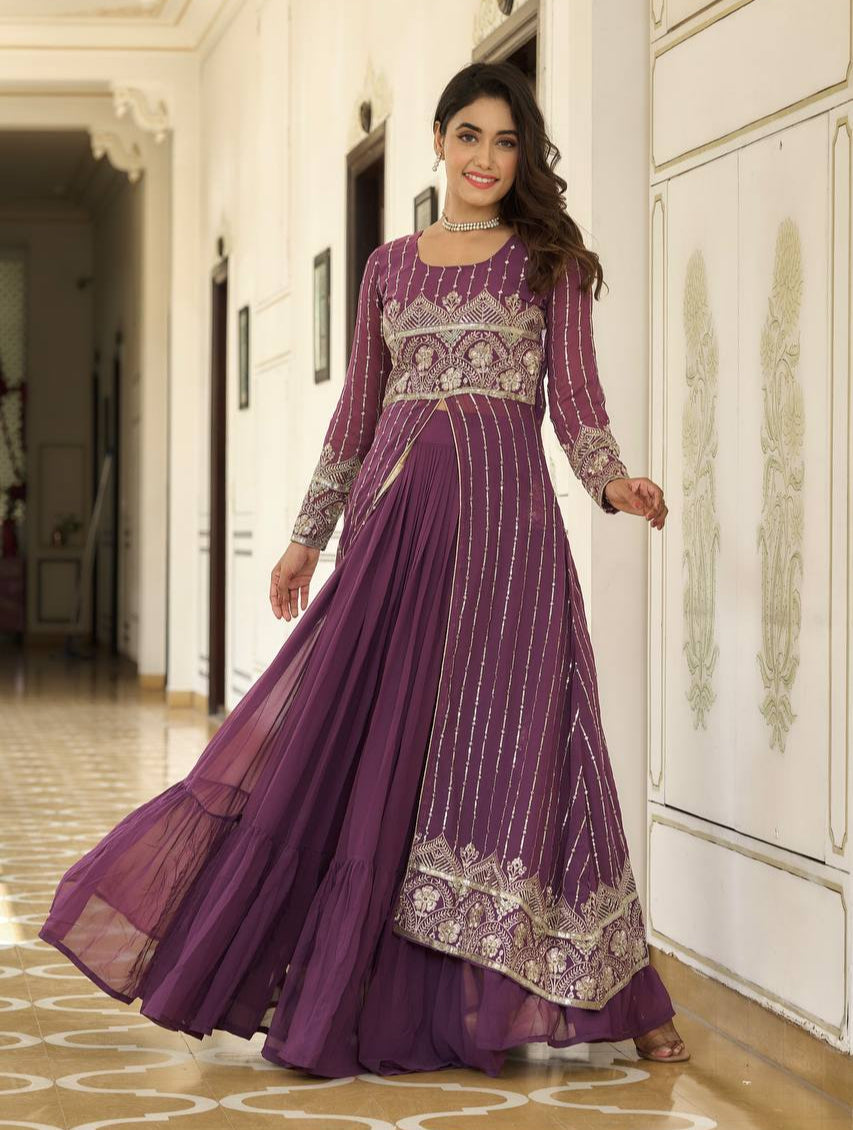Designer Faux Georgette Lehenga Choli With Attached Embroidered Shrug - ETHNICDEAL