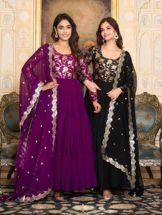 Elegant Faux Georgette Gown Pure Jacquard Work With Matching Dupatta - ETHNICDEAL