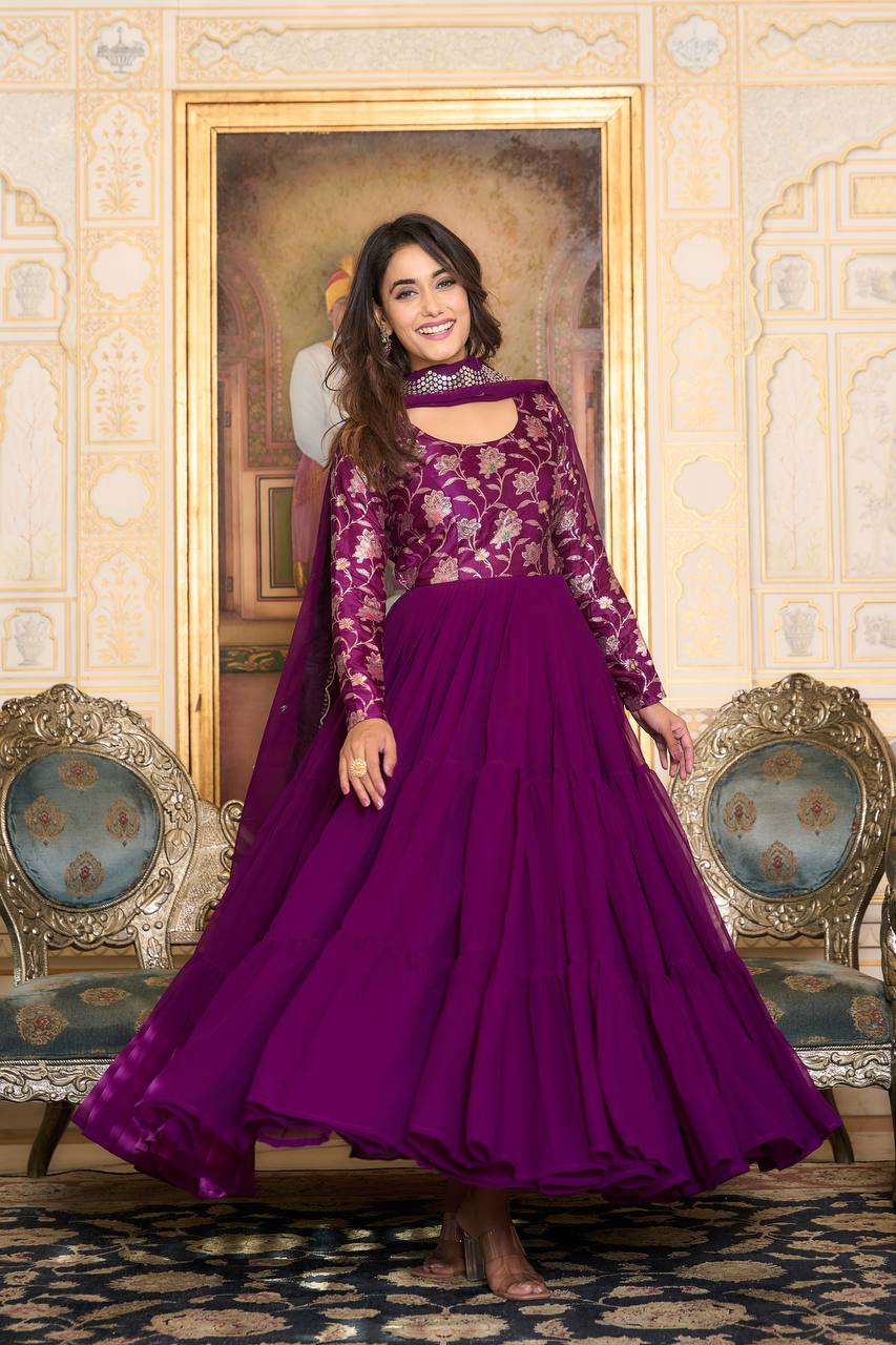 Elegant Faux Georgette Gown Pure Jacquard Work With Matching Dupatta - ETHNICDEAL
