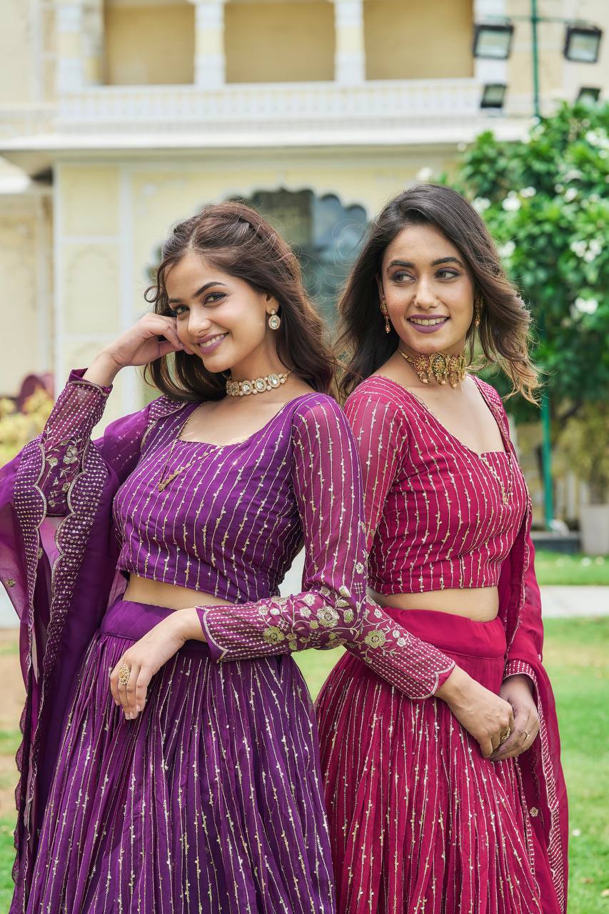 Divine Faux Georgette Sequins Embroidered Lehenga Choli - ETHNICDEAL