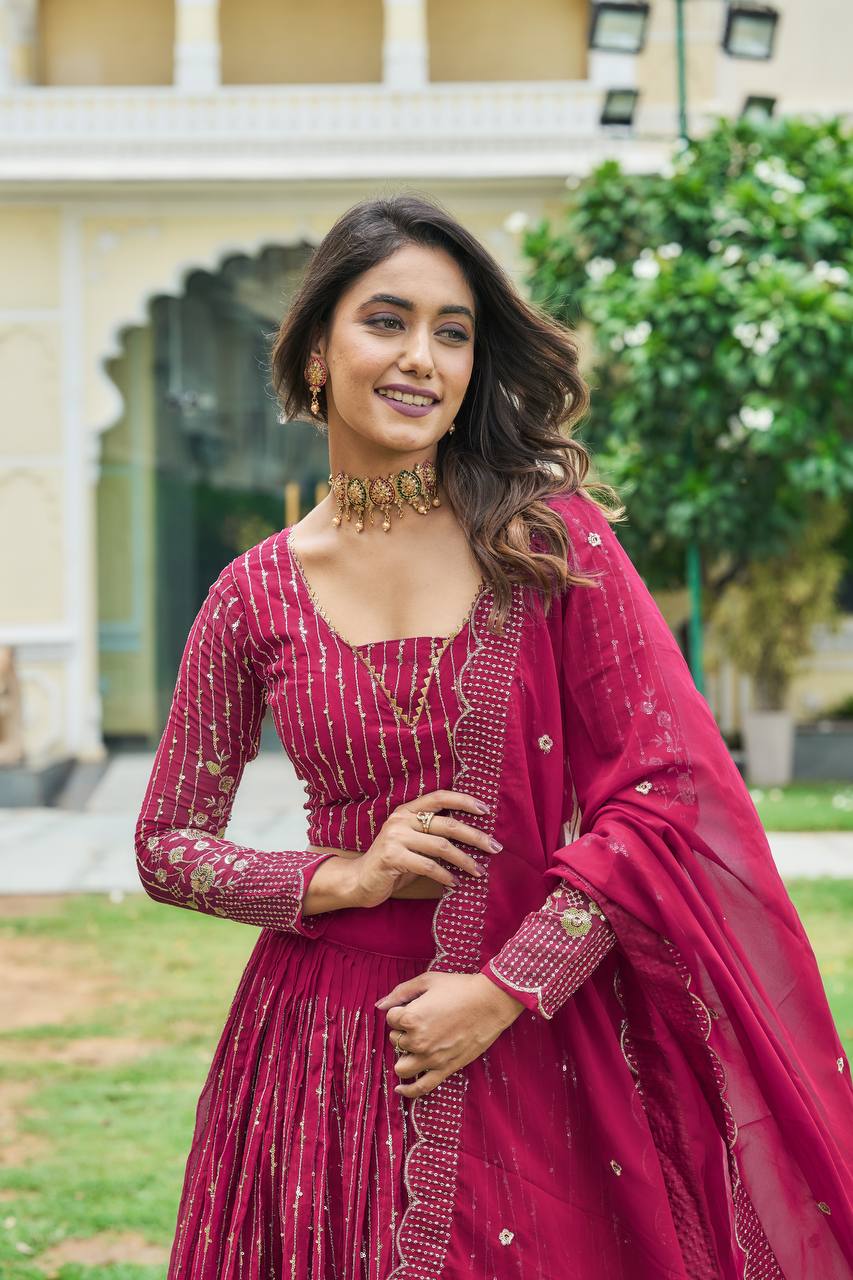 Divine Faux Georgette Sequins Embroidered Lehenga Choli - ETHNICDEAL