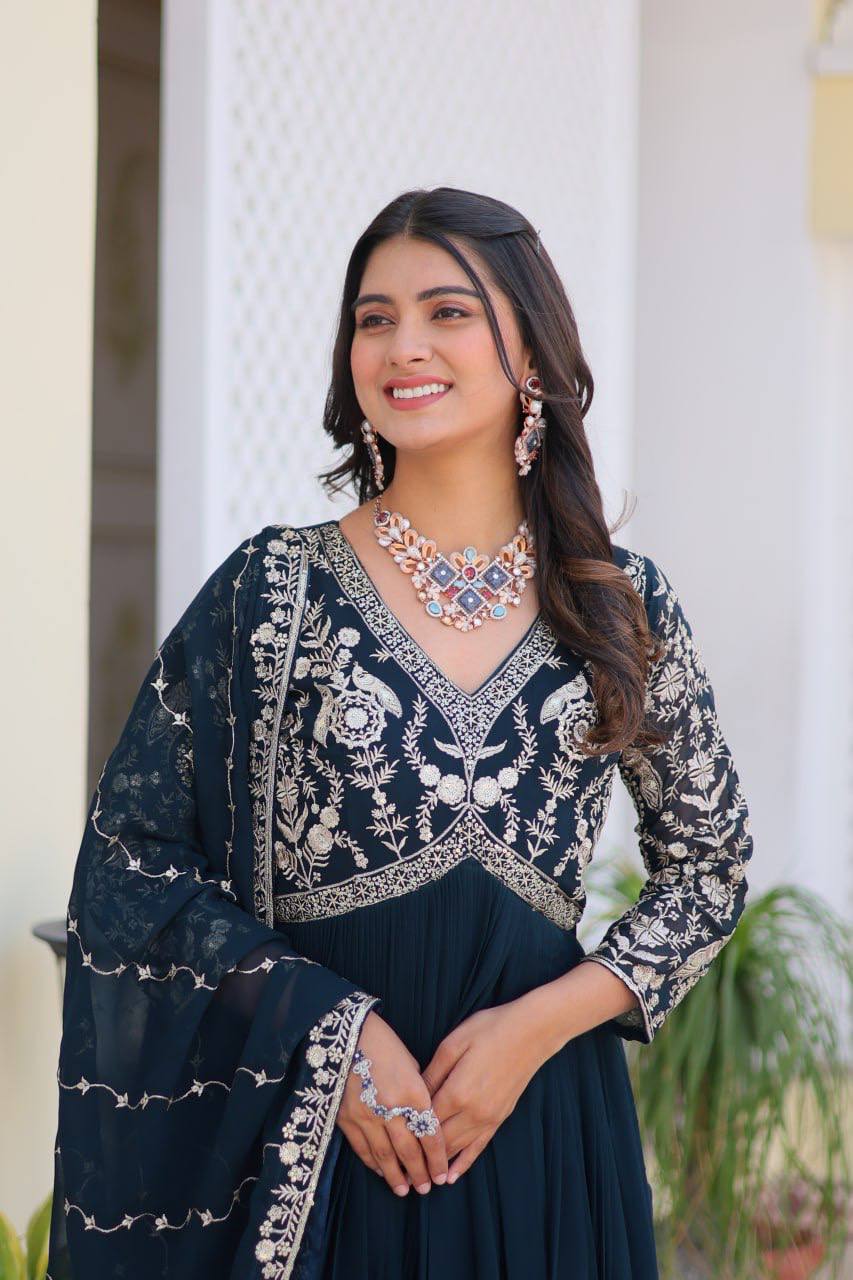 Fabulous Faux Georgette Heavy Sequins Embroidered Gown With Dupatta - ETHNICDEAL