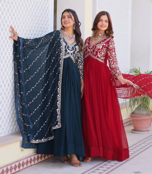 Fabulous Faux Georgette Heavy Sequins Embroidered Gown With Dupatta - ETHNICDEAL