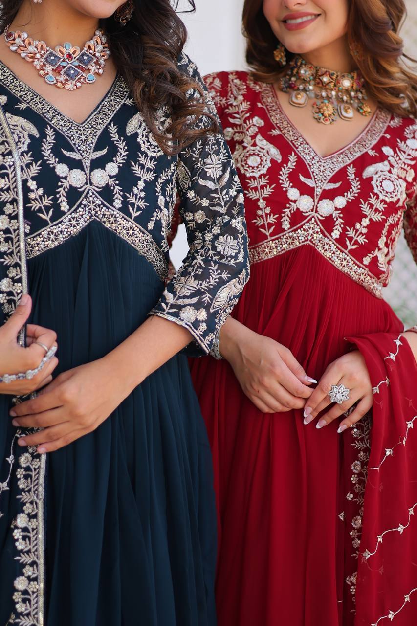 Fabulous Faux Georgette Heavy Sequins Embroidered Gown With Dupatta - ETHNICDEAL