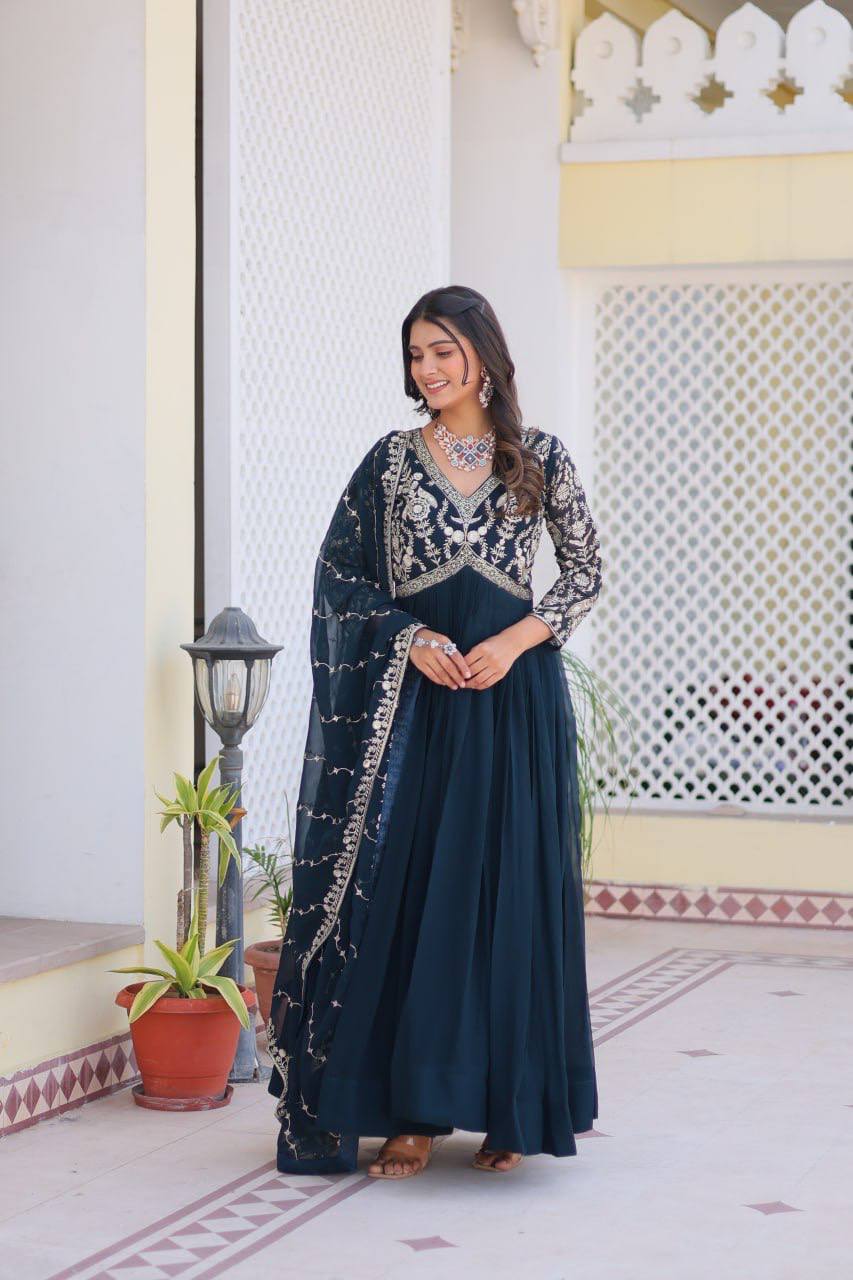 Fabulous Faux Georgette Heavy Sequins Embroidered Gown With Dupatta - ETHNICDEAL