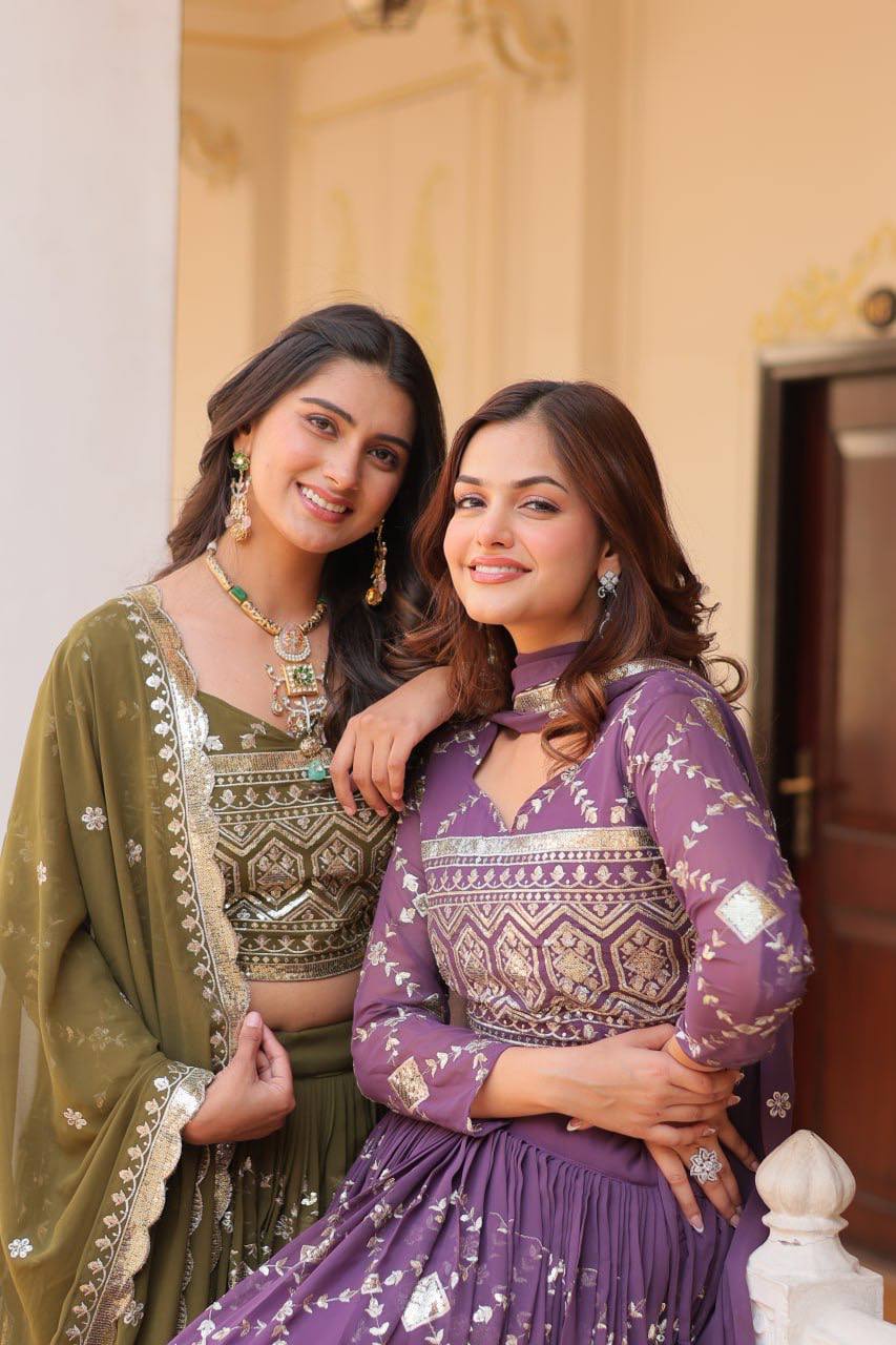 Heavy Faux Georgette Embroidered Lehenga Choli With Dori Latkan - ETHNICDEAL