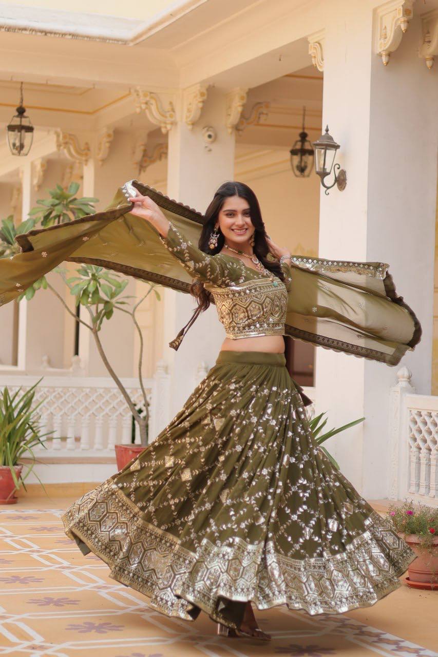 Heavy Faux Georgette Embroidered Lehenga Choli With Dori Latkan - ETHNICDEAL