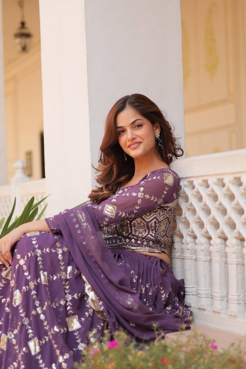 Heavy Faux Georgette Embroidered Lehenga Choli With Dori Latkan - ETHNICDEAL