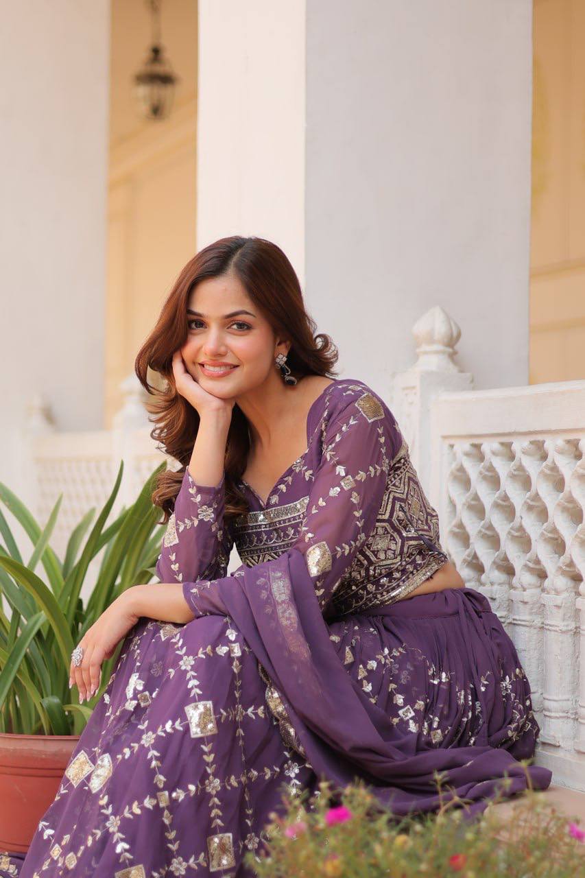 Heavy Faux Georgette Embroidered Lehenga Choli With Dori Latkan - ETHNICDEAL