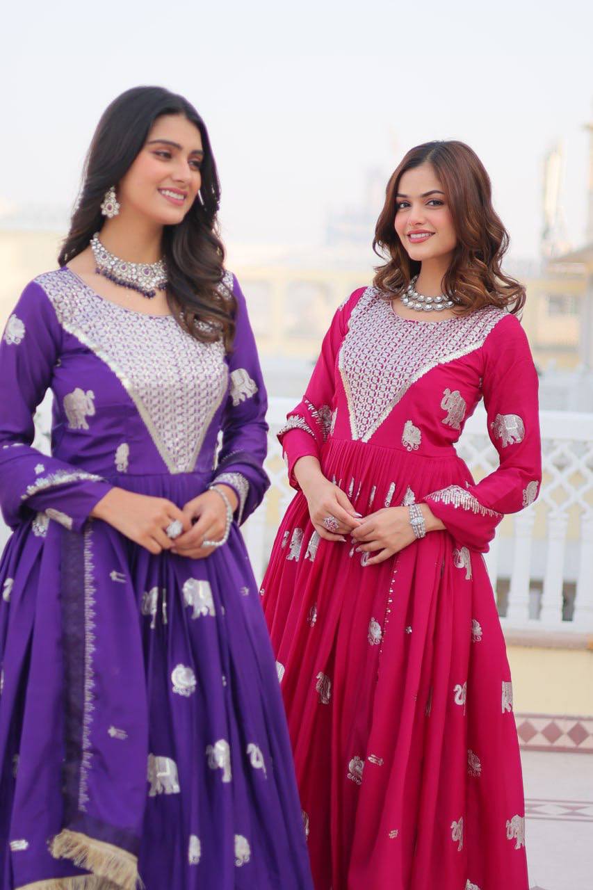 Pure Chinon Embroidered Gown with Heavy Sequin Work and Lace Border Dupatta - ETHNICDEAL