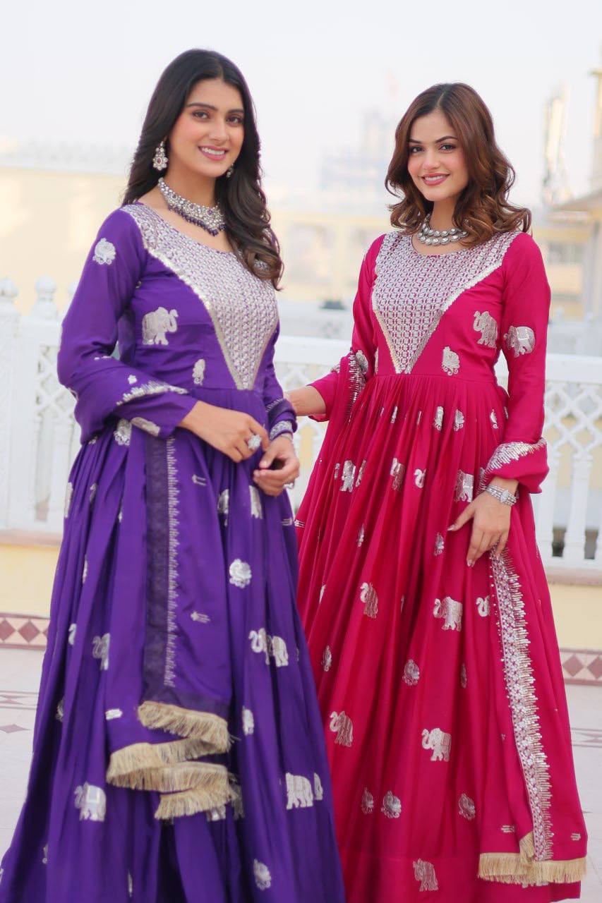 Pure Chinon Embroidered Gown with Heavy Sequin Work and Lace Border Dupatta - ETHNICDEAL