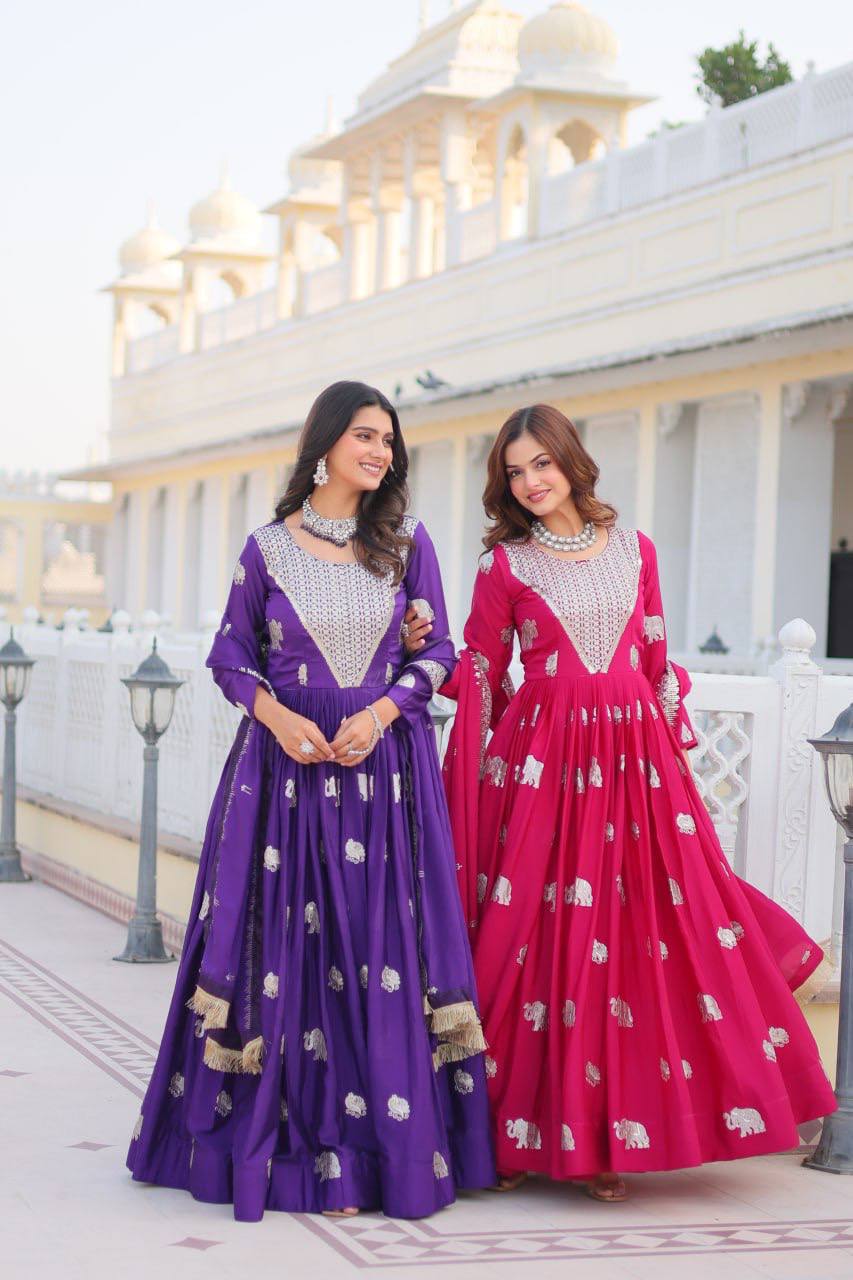 Pure Chinon Embroidered Gown with Heavy Sequin Work and Lace Border Dupatta - ETHNICDEAL