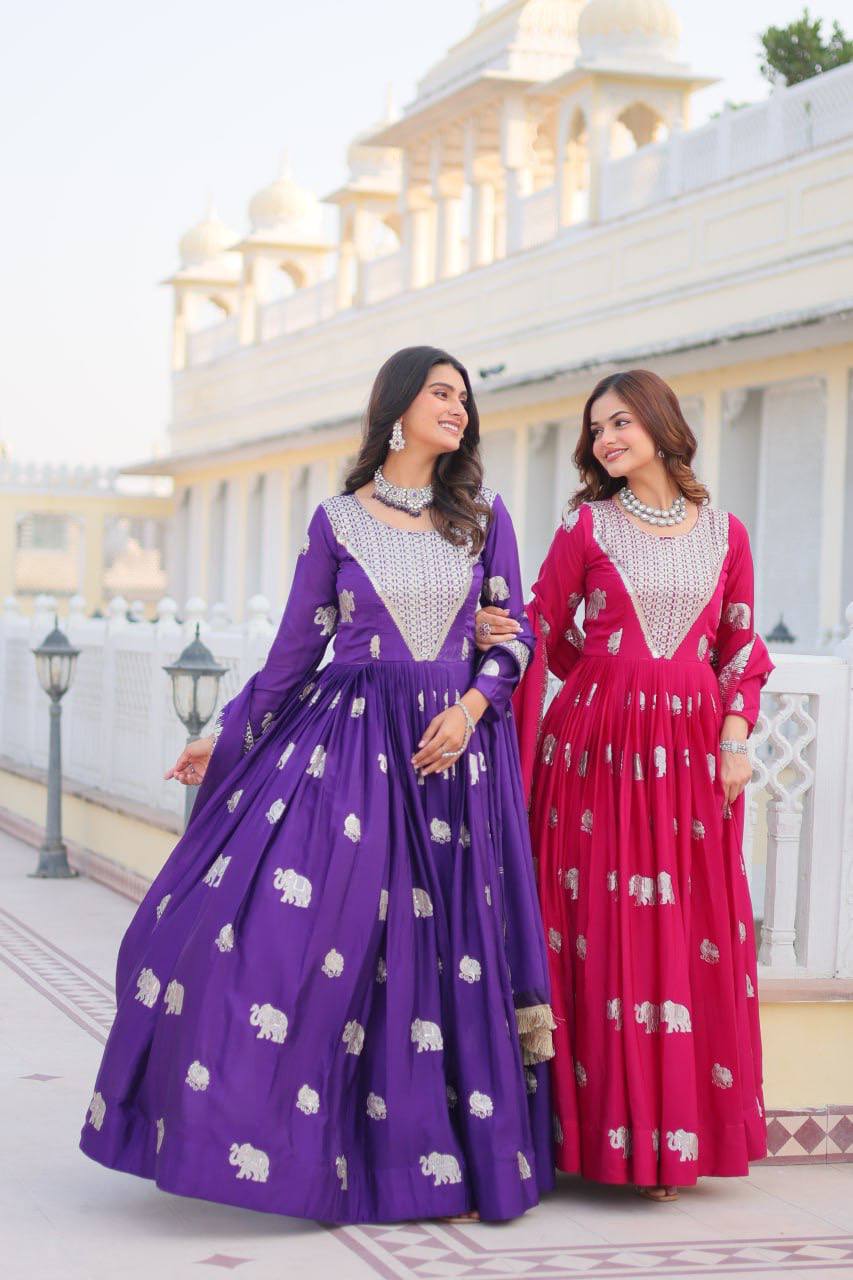 Pure Chinon Embroidered Gown with Heavy Sequin Work and Lace Border Dupatta - ETHNICDEAL