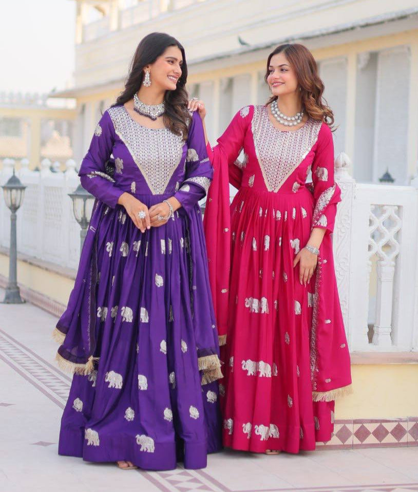 Pure Chinon Embroidered Gown with Heavy Sequin Work and Lace Border Dupatta - ETHNICDEAL