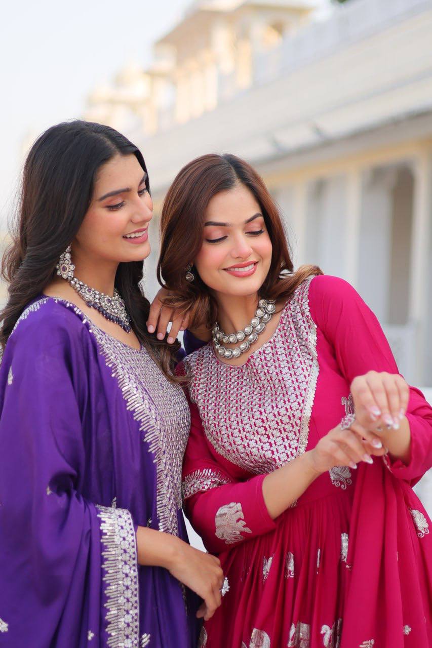 Pure Chinon Embroidered Gown with Heavy Sequin Work and Lace Border Dupatta - ETHNICDEAL